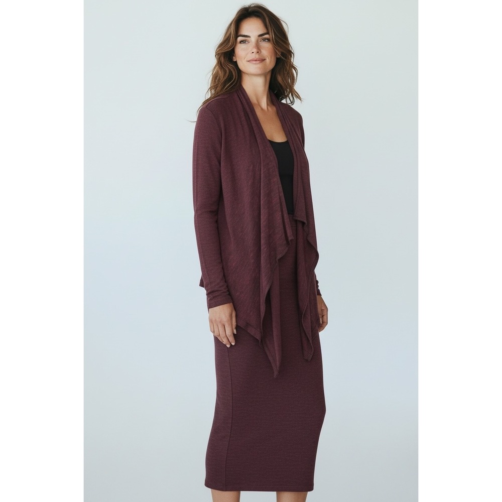 Sophie Max‎ Burgundy Heathered Knit Waterfall Cardigan Midi Skirt Set Women S